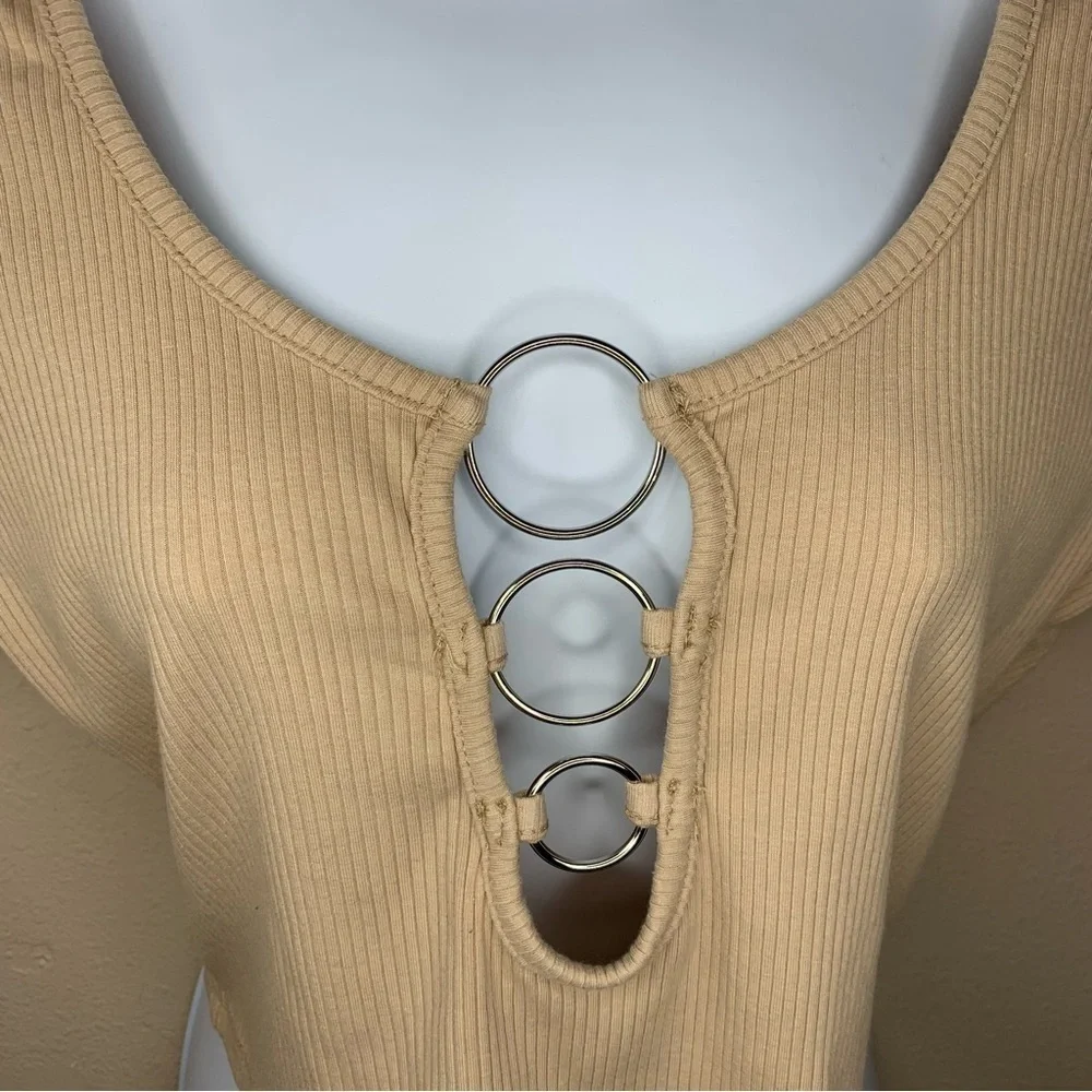 Faded Rose Beige Ribbed Short Sleeve Crop Top XL Stretch Y2k Style